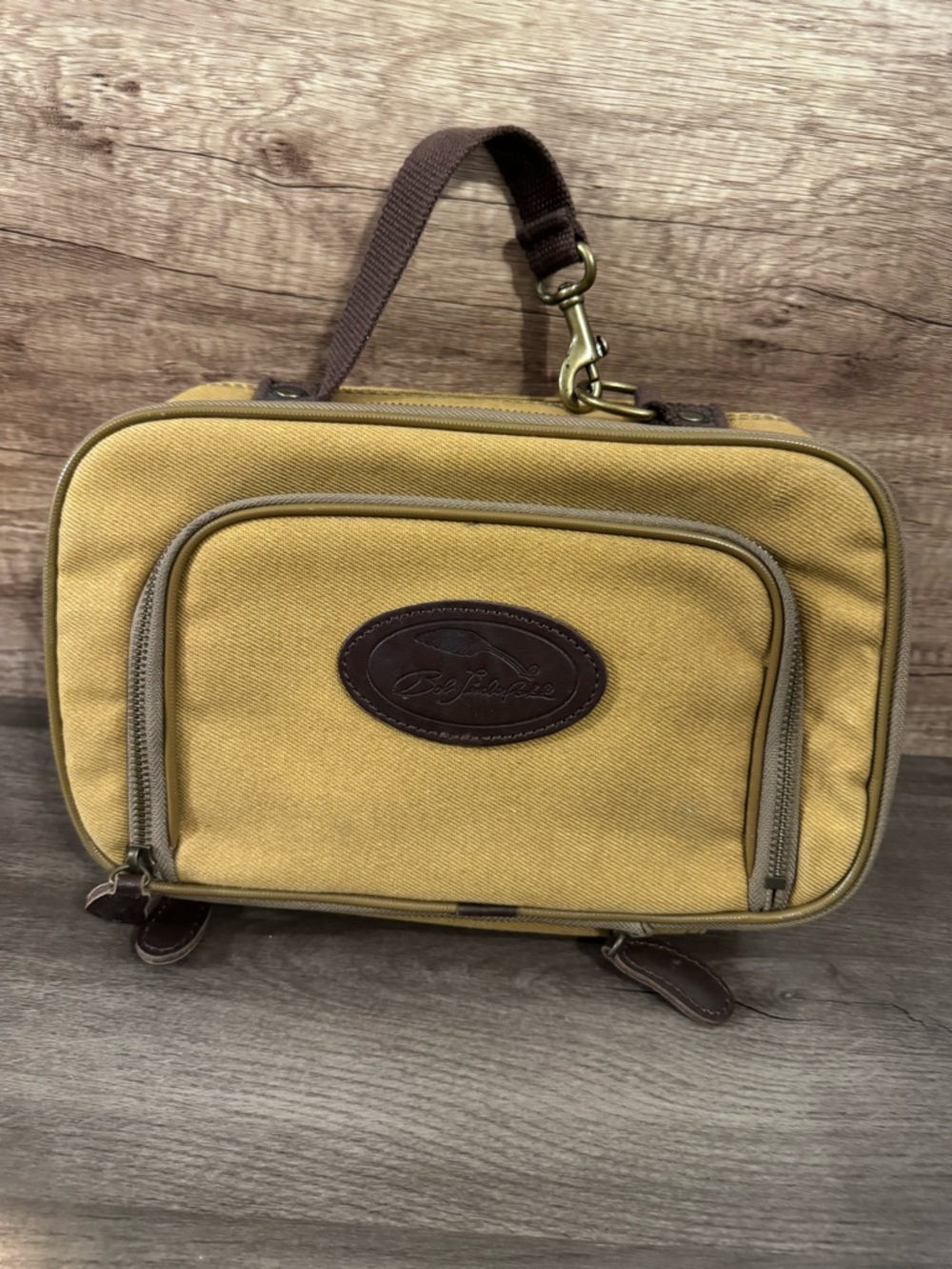 Bob Timberlake Bass Pro canvas utility bag tan leather trim travel toiletries